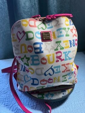 Dooney & Bourke Multicolor Logo Backpack with Hot Pink Trim 10x11